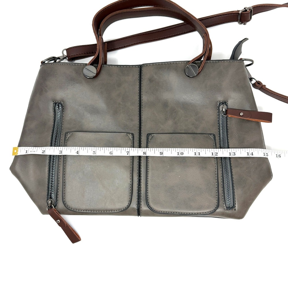 Gray Leather Tote Bag Brown Strap Large Zip Pocket Shoulder Bag - Picture 13 of 15